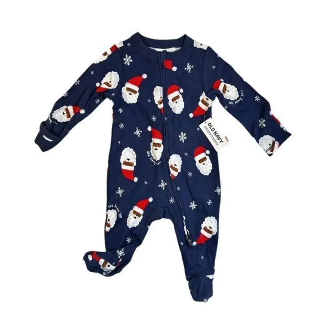 NWT Old Navy Unisex Blue Holiday Christmas Pajamas Dark Face Santa - Size 3-6M